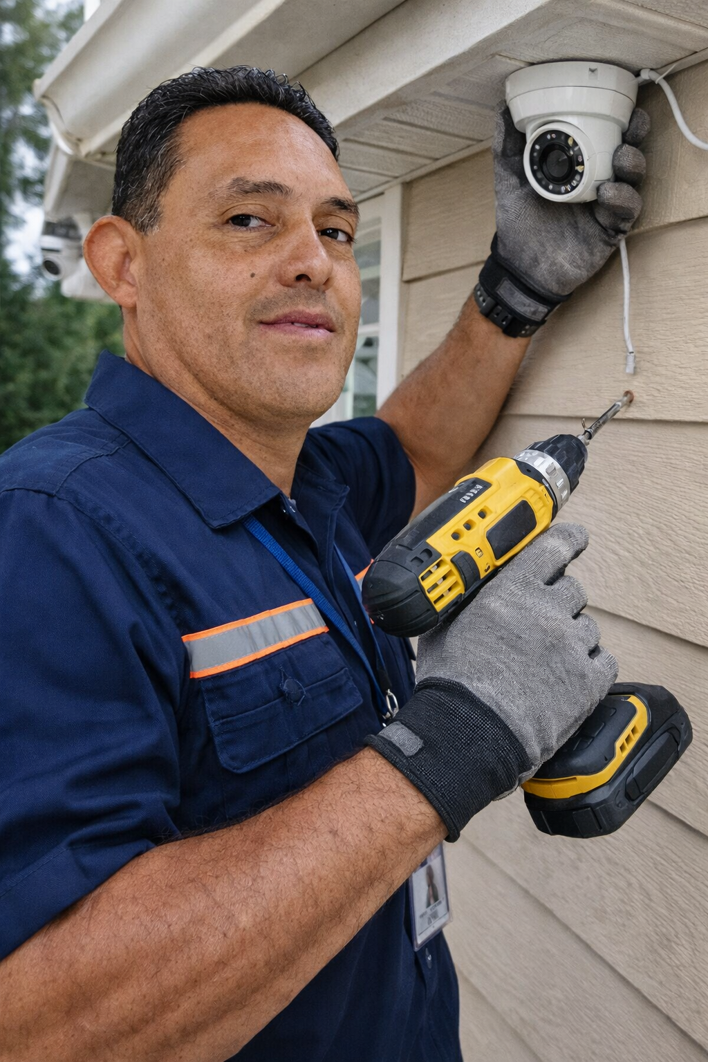 Technician installing a home security camera